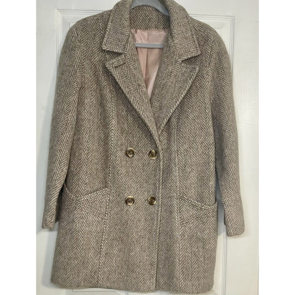 Vintage 70s Wool Herringbone Coat Jacket Chevron Tweed ILGWU Union Made USA M
